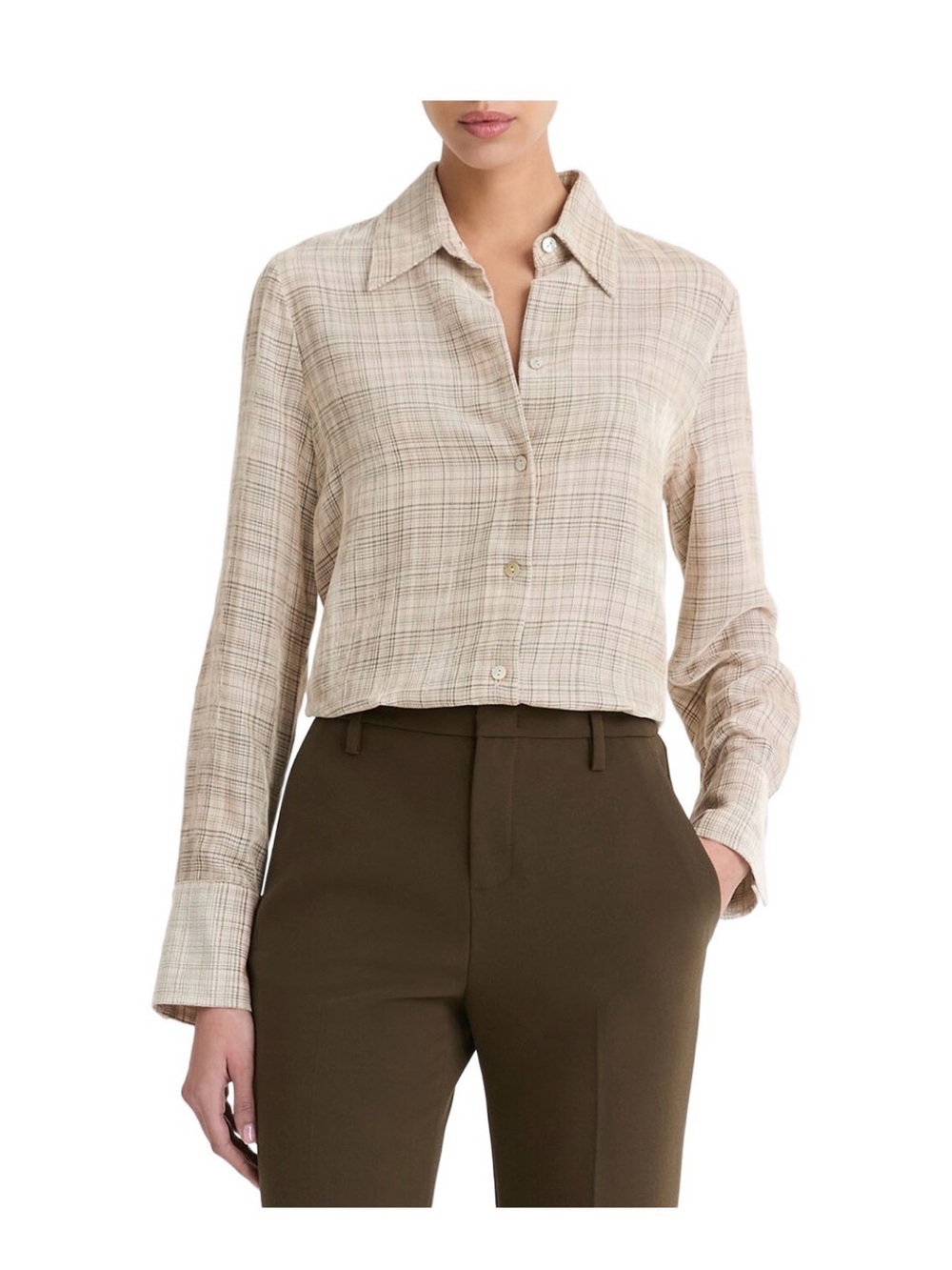 Vince — Textured Plaid Button-Down Shirt (Beige)